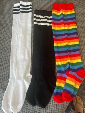 Crew-High Stripe Knee Socks Pack - White, Black & Rainbow